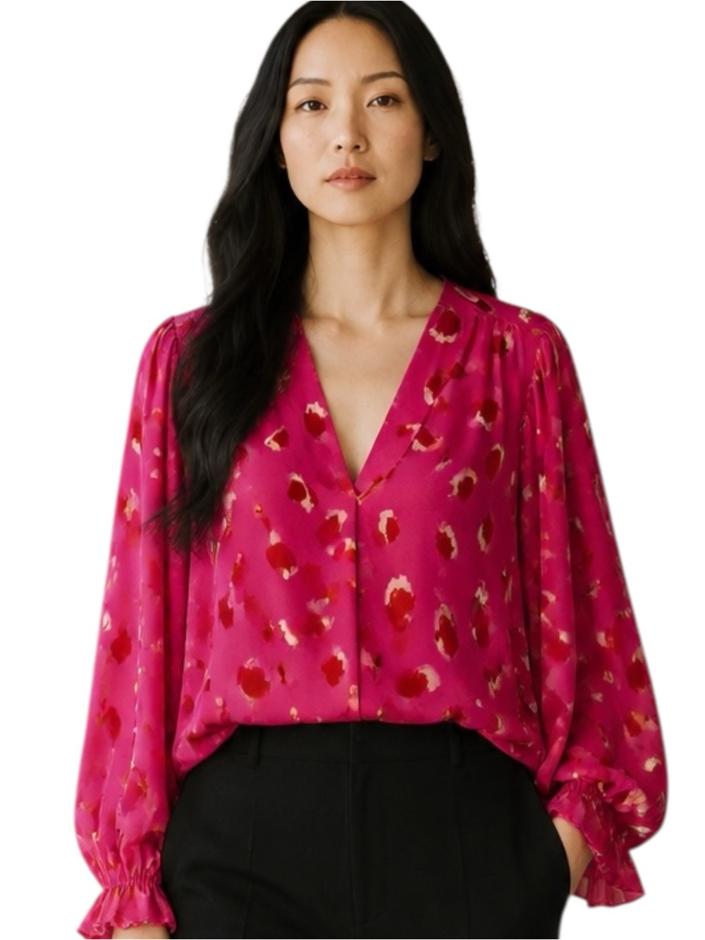 JODIFL Fuchsia V-Neck Blouse with Red and Cream Spot Print